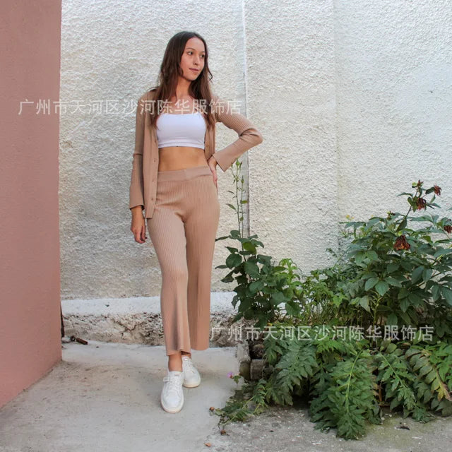Ol Homewear Leisure Knitted Suit Autumn Long Sleeve Shirts and Wide Legs Pants Suit Two Piece Sets Outfits