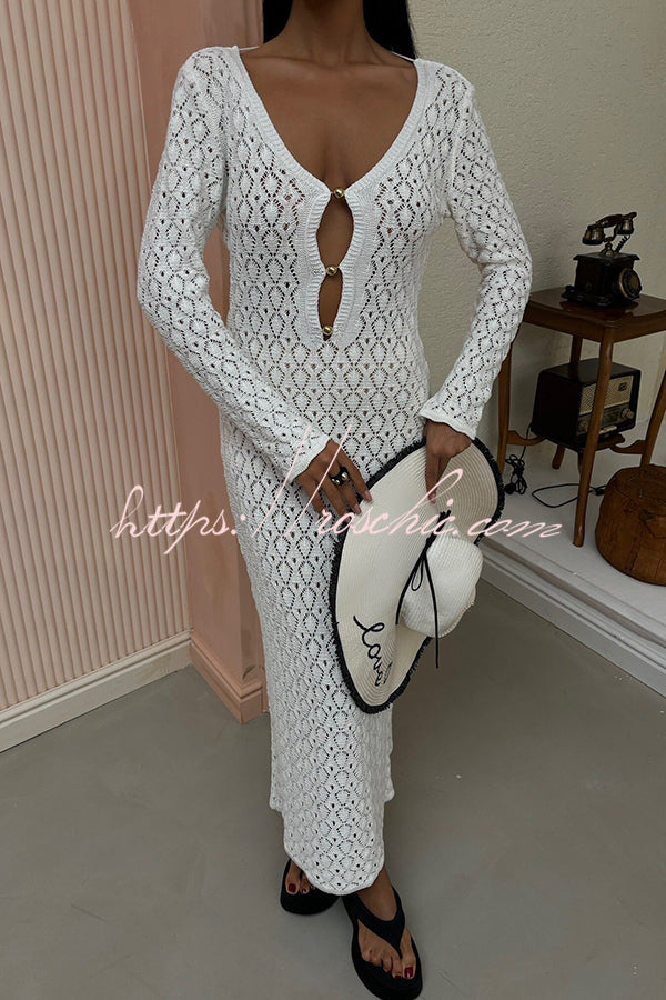 V-neck Long-sleeved Hollow Slim Maxi Dress