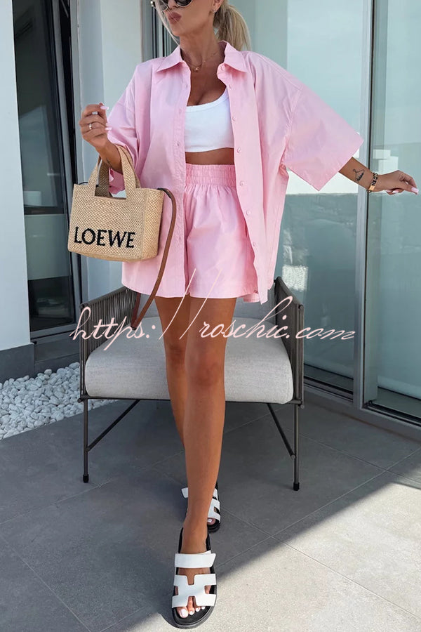 Summer Loose Short-sleeved Shirt and Elastic High Waist Shorts Set