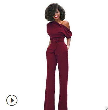 New Classic Color Diagonal Collar Button One Piece Wide Leg Jumpsuit