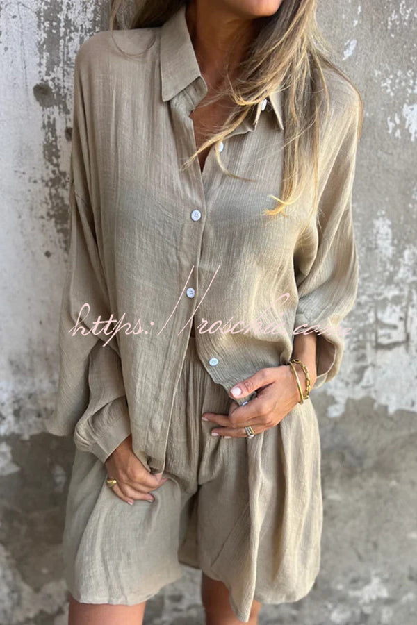 Color Lapel Long Shirt and Elastic Waist Loose Pocket Shorts Set