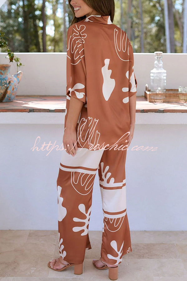 The Beach Unique Color Block Print Button Up Shirt and Elastic Waist Pants Set