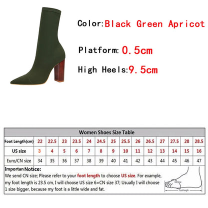 Size 42 43 Ankle Boots Square High Heels Pumps Fall Comfort Stretch Fabric Sock Boot Femme Party Dress Shoes
