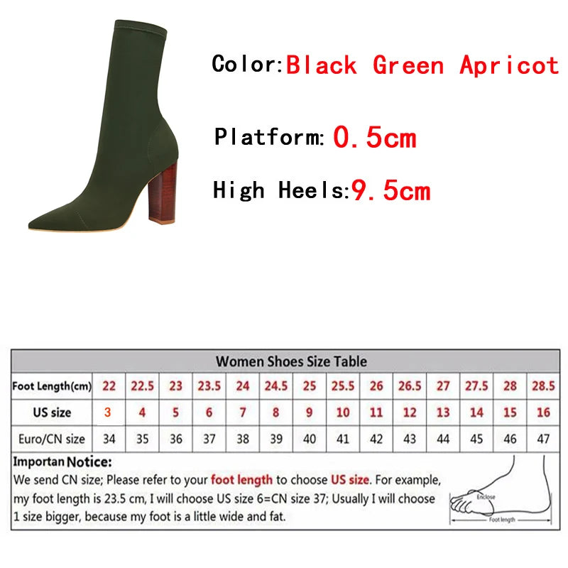Size 42 43 Ankle Boots Square High Heels Pumps Fall Comfort Stretch Fabric Sock Boot Femme Party Dress Shoes