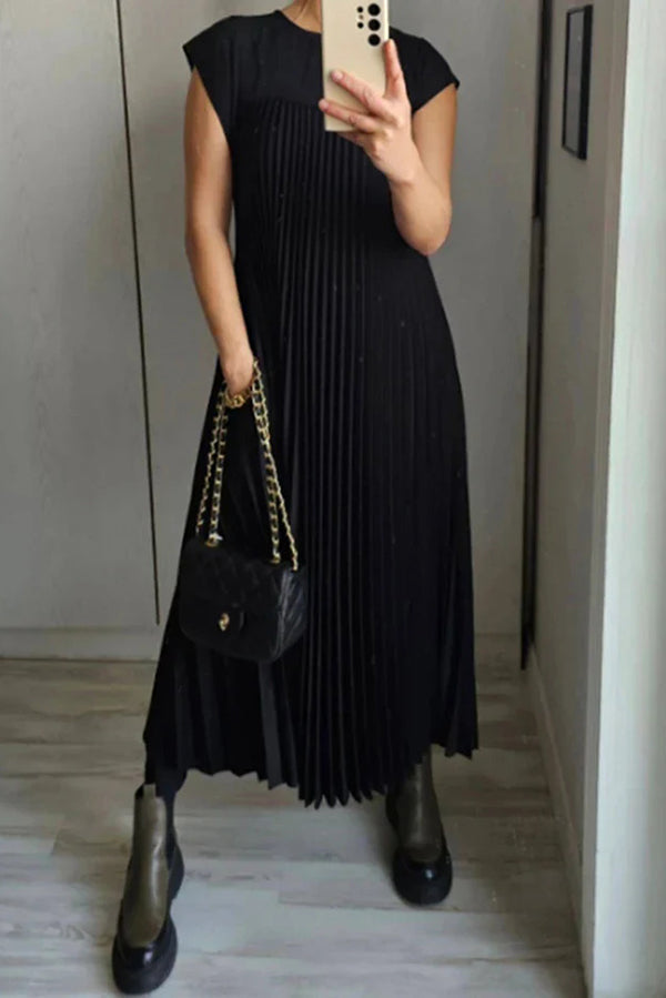 Color Round Neck Sleeveless Pleated Large Hem Maxi Dress