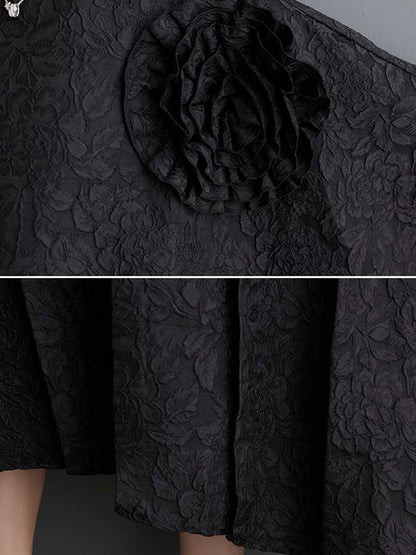 Batwing Sleeves Loose Asymmetric Flower Shape Gauze Jacquard Pleated Color Split-joint Round-neck Midi Dresses