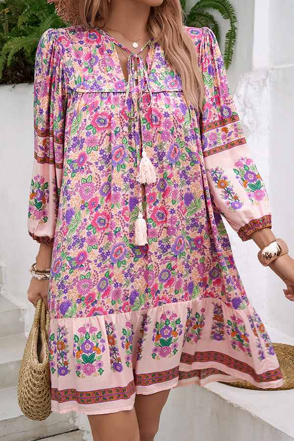 Style Unique Printed V-neck Tie Loose Mini Dress