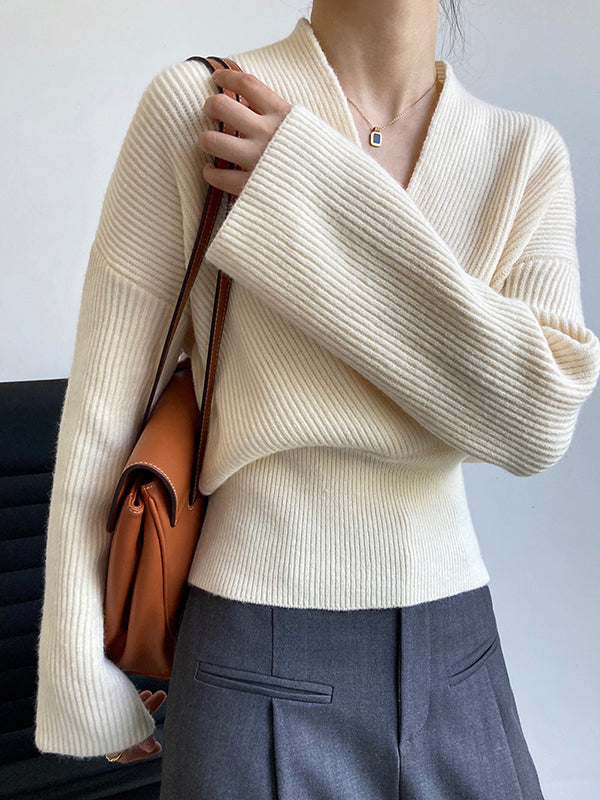 French Grey Cross V-neck Long Sleeve Sweater Qx012