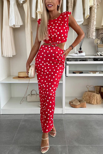 Roxane Polka Dot Print Shoulder Pad Metal Cutout Waist Slit Stretch Maxi Dress