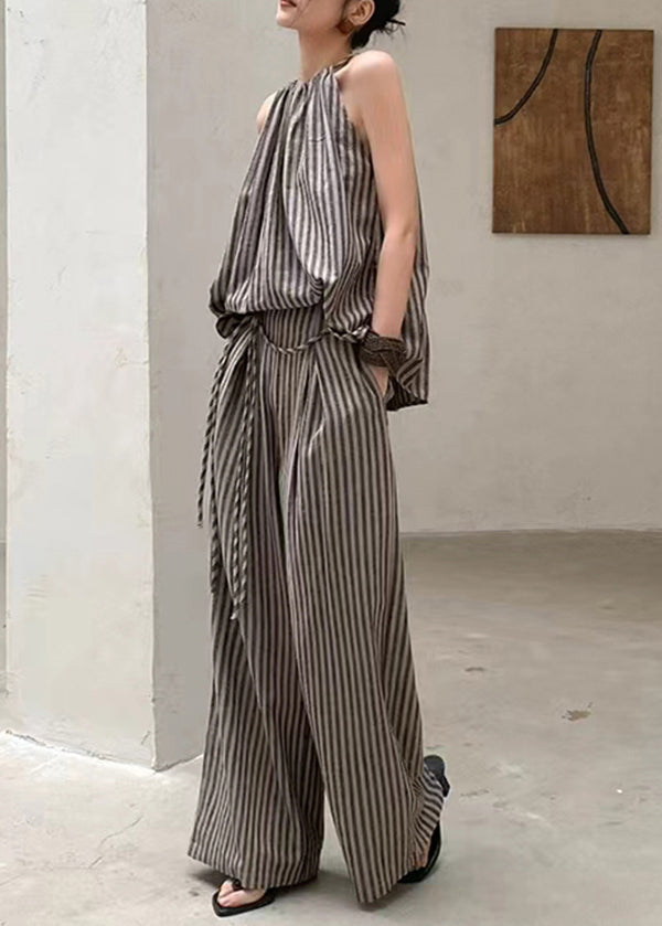 French Coffee Striped Top Wide Leg Pants Two Piece Set Summer Ee055