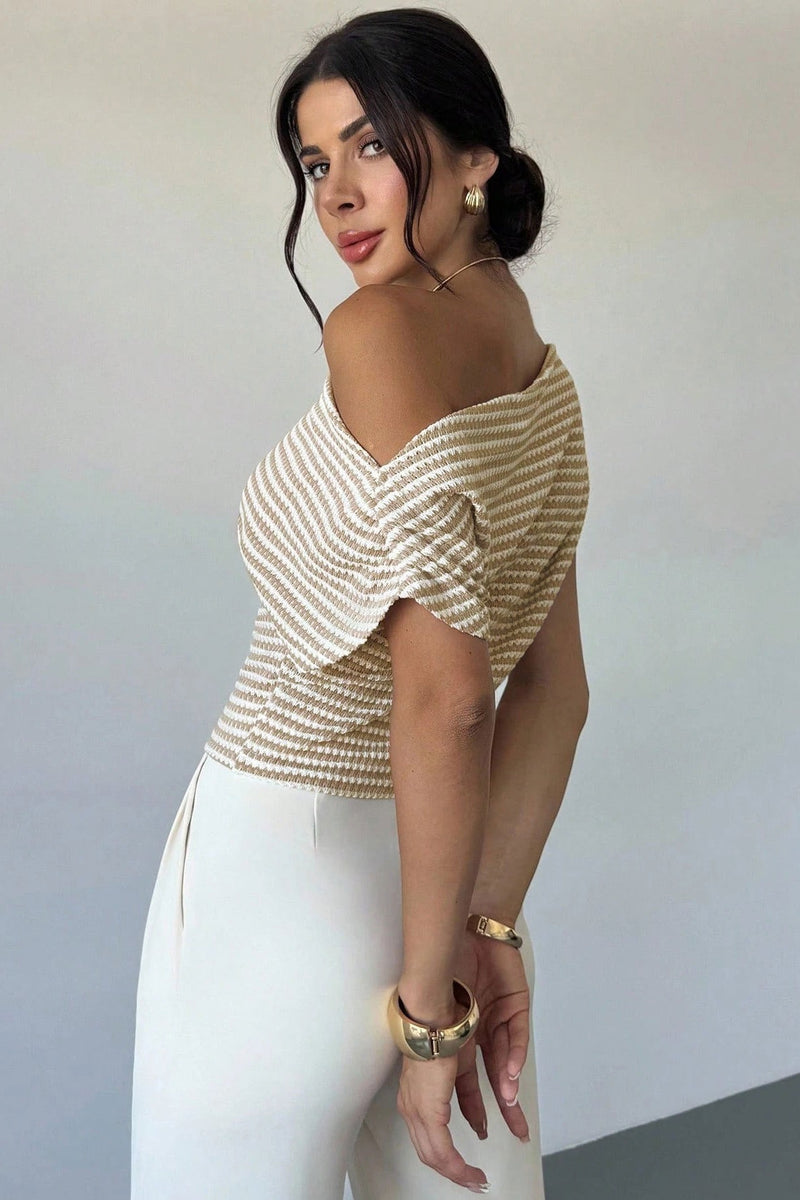 Cold Shoulder Stripe Short Sleeve Knit Blouse