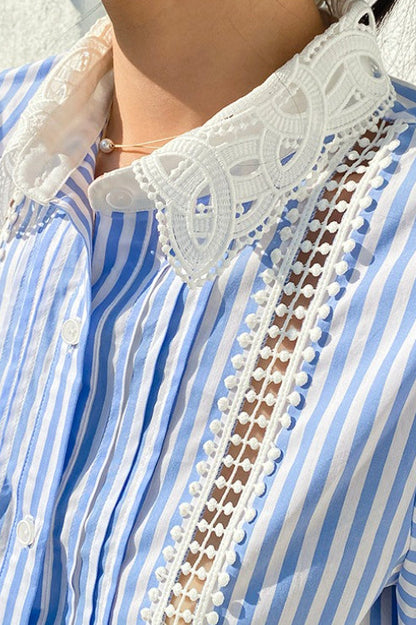 Stripe Lace Puff Sleeve Blouse