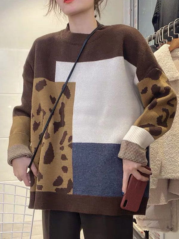 Original Brown Round-neck Contrasting Color Blocks Leopard Long Sleeve Sweater An1048
