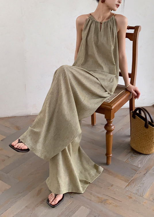 French Green Tops and Pants Linen Two Pieces Set Sleeveless Ee037