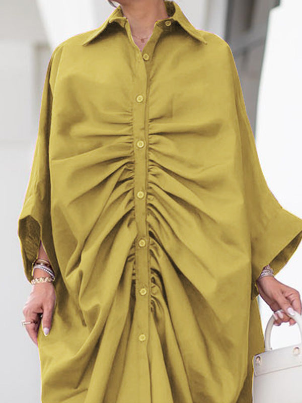 Long Sleeves Loose Buttoned Pleated Color Lapel Maxi Dresses Shirt Dress