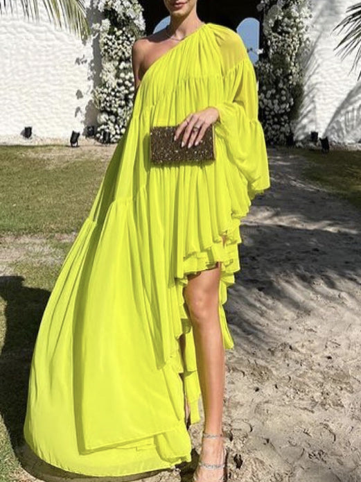 Irregularity Loose Pleated Color One-shoulder Maxi Dresses