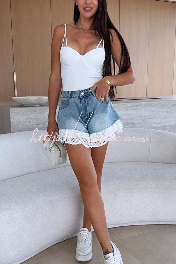Brooke Denim High Waist Pocket Layered Lace Trim Loose Shorts