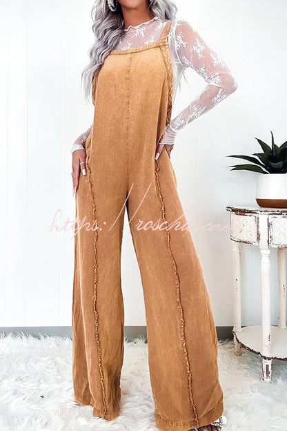Washed Denim Raw Edge Elastic Waist Wide Leg Jumpsuit