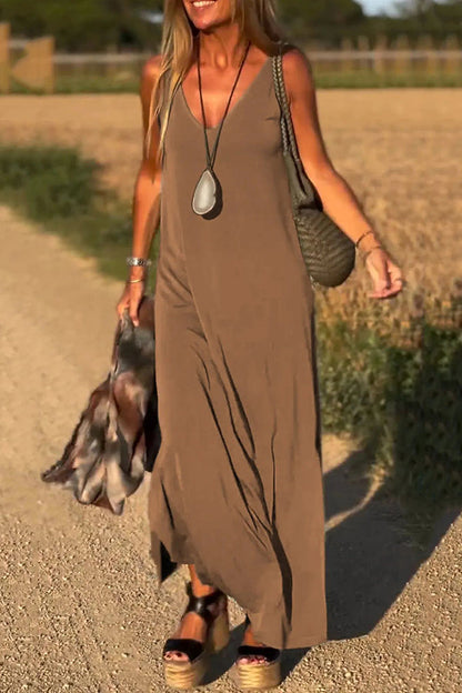 Color V-neck Sleeveless Loose Maxi Dress