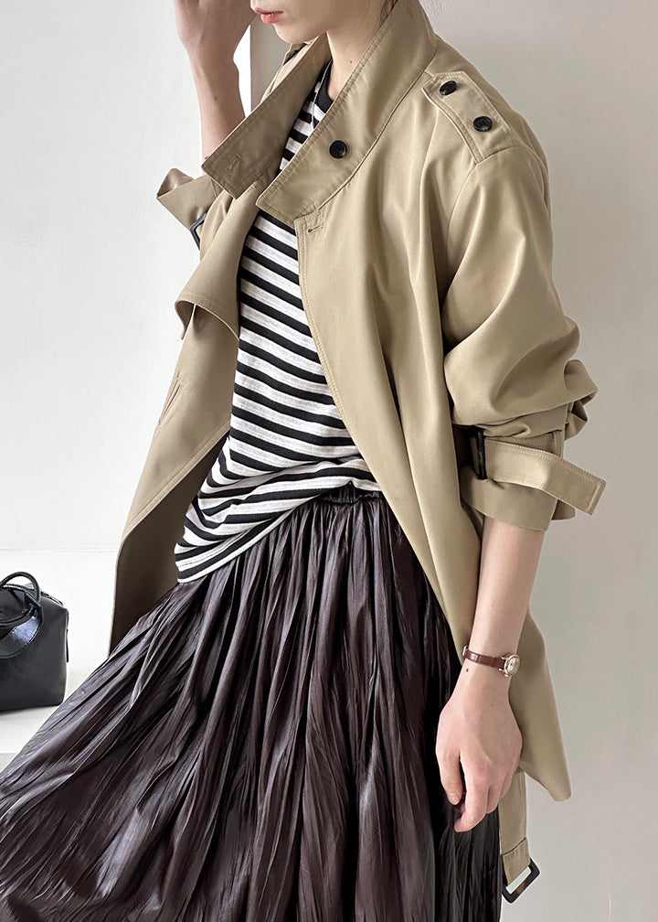 French Khaki Stand Collar Button Cotton Coats Fall Af1081