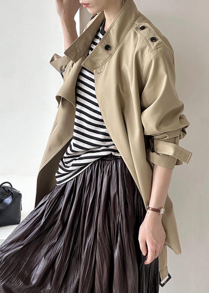 French Khaki Stand Collar Button Cotton Coats Fall Af1081