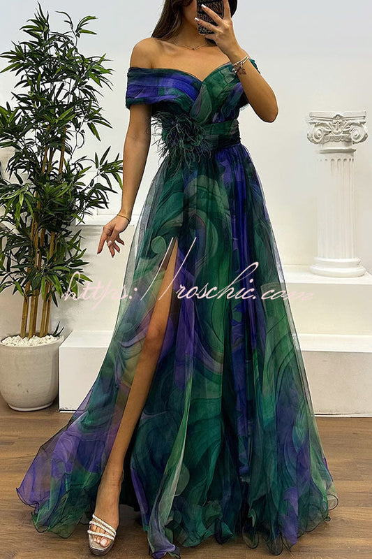Jinnie Tulle Feather Pendant Pleated Off Shoulder Slit Maxi Dress