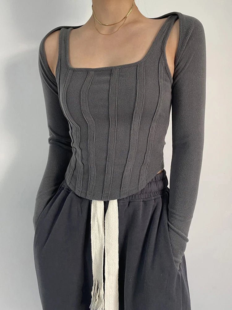 Striped Stitching Slim T-shirt Female 2 in 1 Shrug Set Co-ord Crop Shrug and Corset Tank Tops Set Y2k New