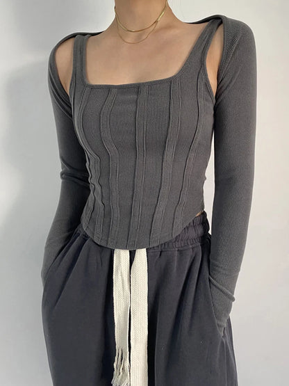 Striped Stitching Slim T-shirt Female 2 in 1 Shrug Set Co-ord Crop Shrug and Corset Tank Tops Set Y2k New