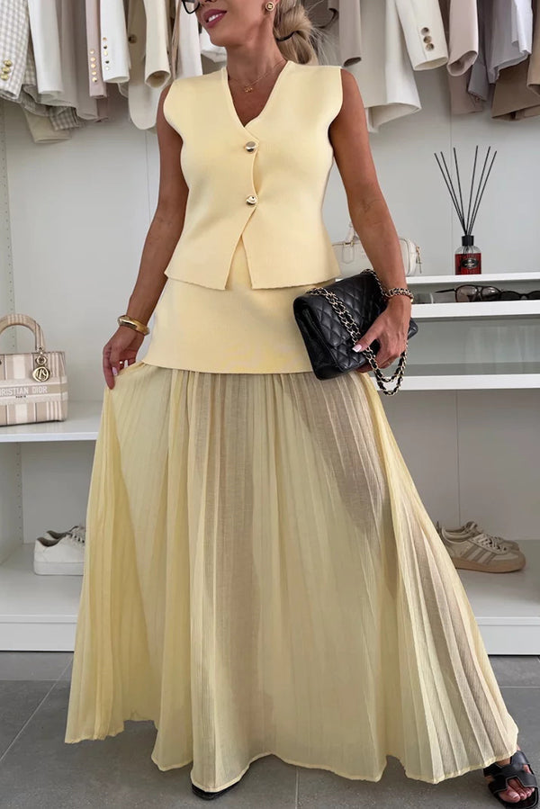 Stylish and Knit Spliced Tulle Elastic Waist Pleated Maxi Skirt