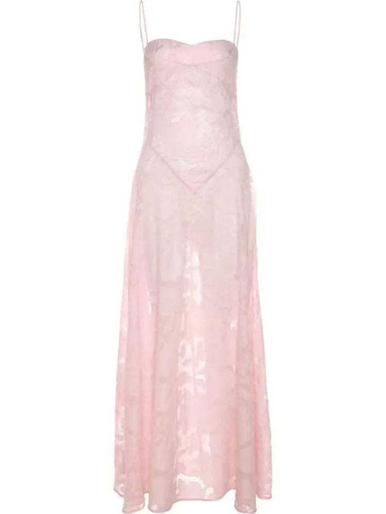 Summer New Dresses for Spaghetti Strap Lace Hollow Out Low Cut A-lin Long Dress Beach Vacation Vestidos