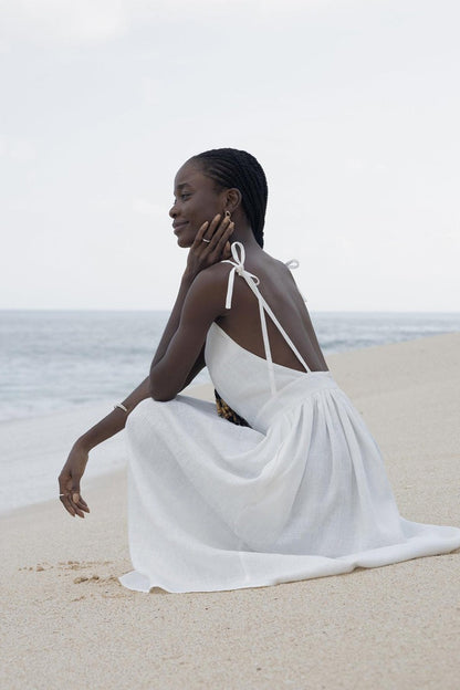 Cotton V Neck Spaghetti Strap Tie Backless Midi Dress