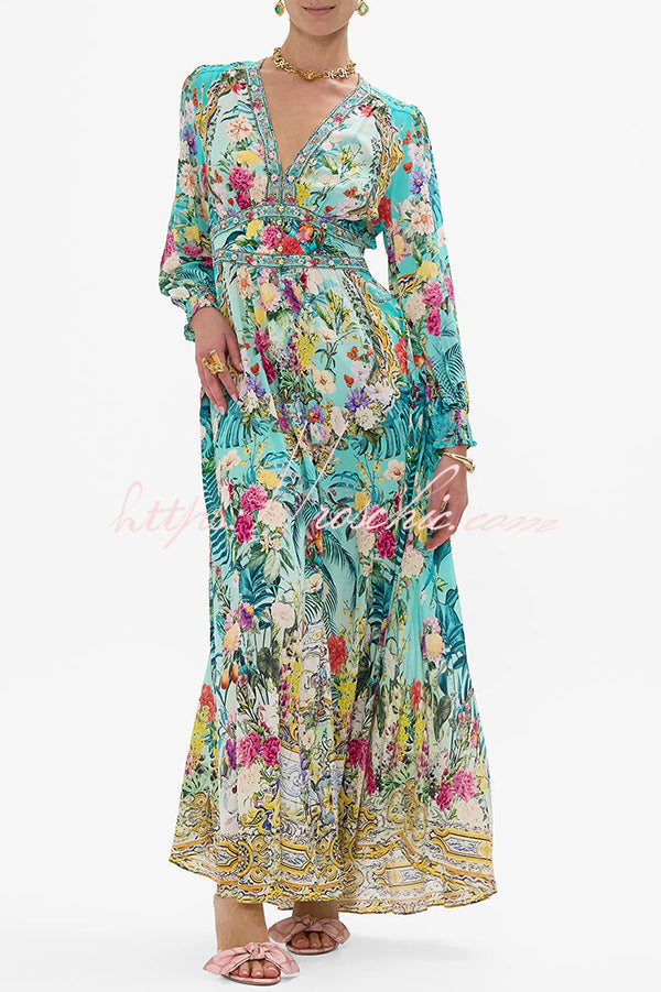 Fairy Tale Print V-neck Lantern Sleeve Waist Maxi Dress