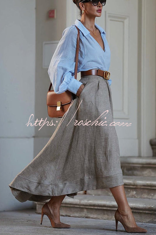 Caught a Vibe Linen Blend Back Elastic Waist Pocketed High Low Maxi Skirt