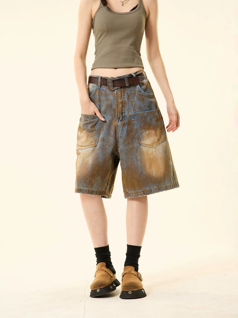 Distressed Denim Oversized Pocket Shorts