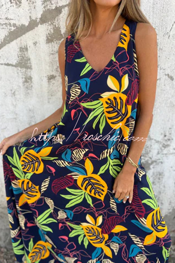 Botanical Print V-neck Pocket Loose Maxi Dress