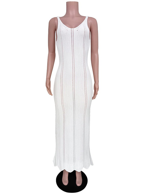 Skinny Sleeveless Backless Hollow See-through Color Split-joint Wide Straps Maxi Dresses