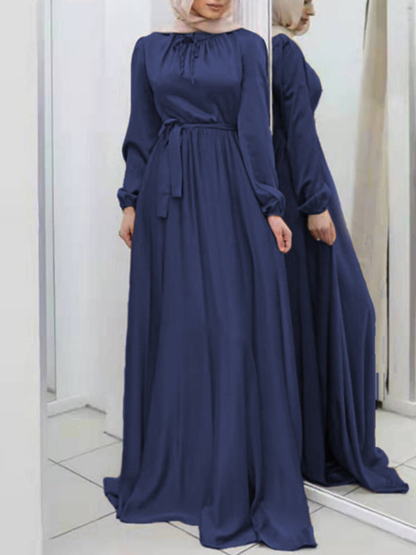 Long Sleeves Loose Pleated Color Tied Waist Maxi Dresses