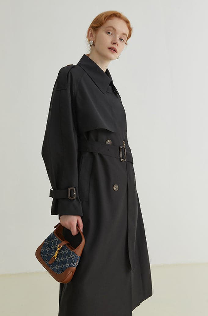 Double-breasted Loose Mid-length Melton Trench Coat