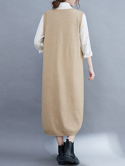 Color Knitting V-neck Sleeveless Sweater Dress