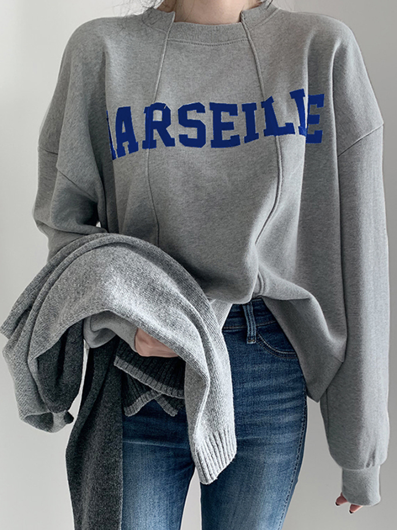 Street Loose Apricot O-neck Letter Print Long Sleeve Sweatshirt Tw003
