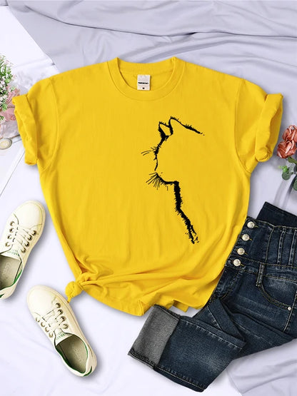Simple Strokes of Cat Funny Printed T-shirt Short Sleeve O-neck Personality Street Tee Clothing Summer Tops