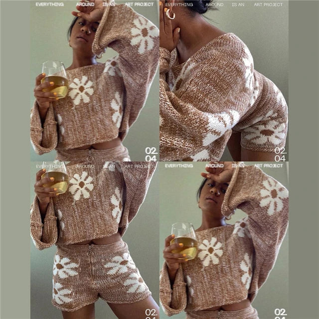 Knitted ’s 2 Piece Sets Outfits Pink Sweet Oversized Sweater Suit With Shorts for Tracksuit