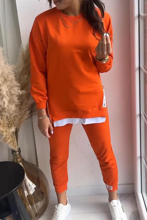 Color Round Neck Long-sleeved Sweatshirt and Elastic Waist Pants Set