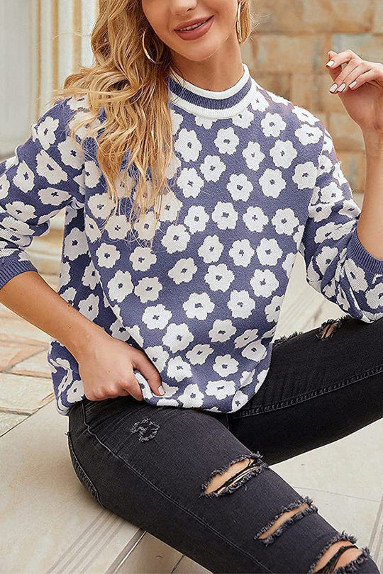 Mock Neck Print Knitted Sweater Color Block Light Weight Sweater
