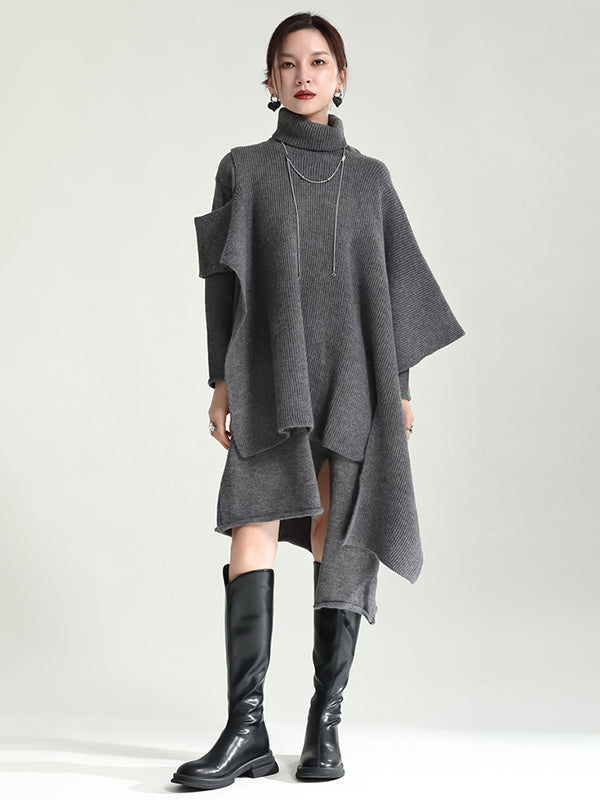Long Sleeves Loose Color High-neck Shawl&sweater Dresses Two Pieces Set