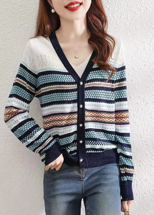 Colorblock V Neck Striped Patchwork Button Knit Cardigans Fall Qp010