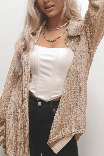 Color Button-down Long-sleeve Sequined Cardigan