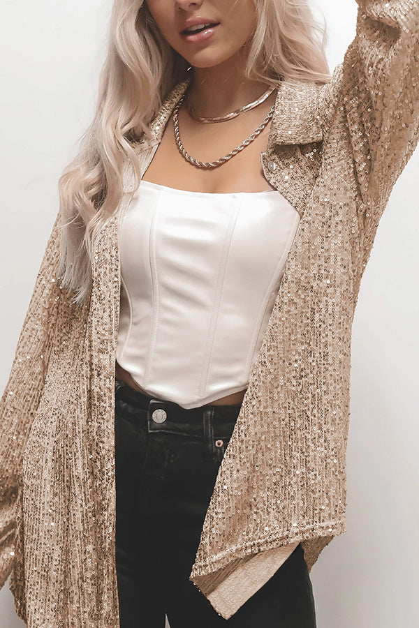 Color Button-down Long-sleeve Sequined Cardigan