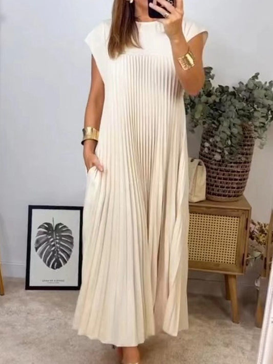 A-line High Waisted Pleated Pockets Color Split-joint Round-neck Maxi Dresses