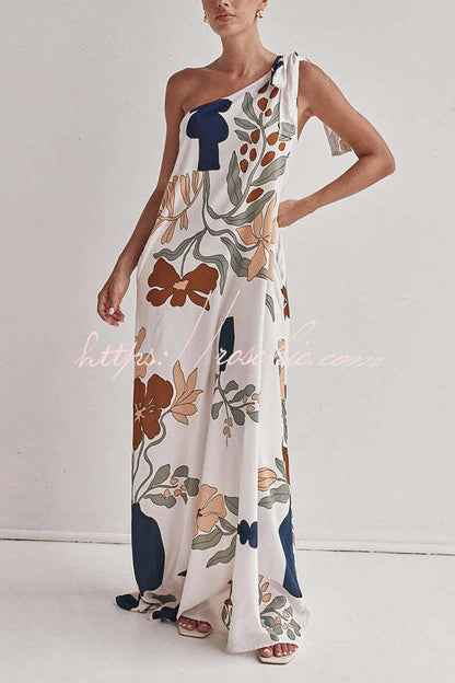 Matches the Vacation Unique Print One Shoulder Tie-up Pocketed Loose Maxi Dress